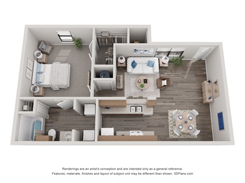 a stylized 3d floor plan with a bedroom and living room at Chapel Ridge of Stillwater, Stillwater, Oklahoma